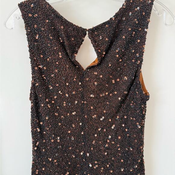 Scala Black Brown Top Sz. Lg Beaded 100% Silk Lining Y2K Evening Boho - Picture 2 of 5